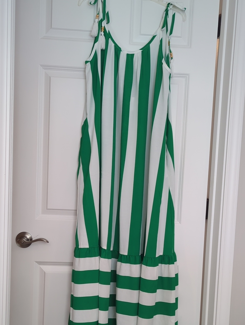 Green and White Striped Tie-Shoulder Maxi Dress